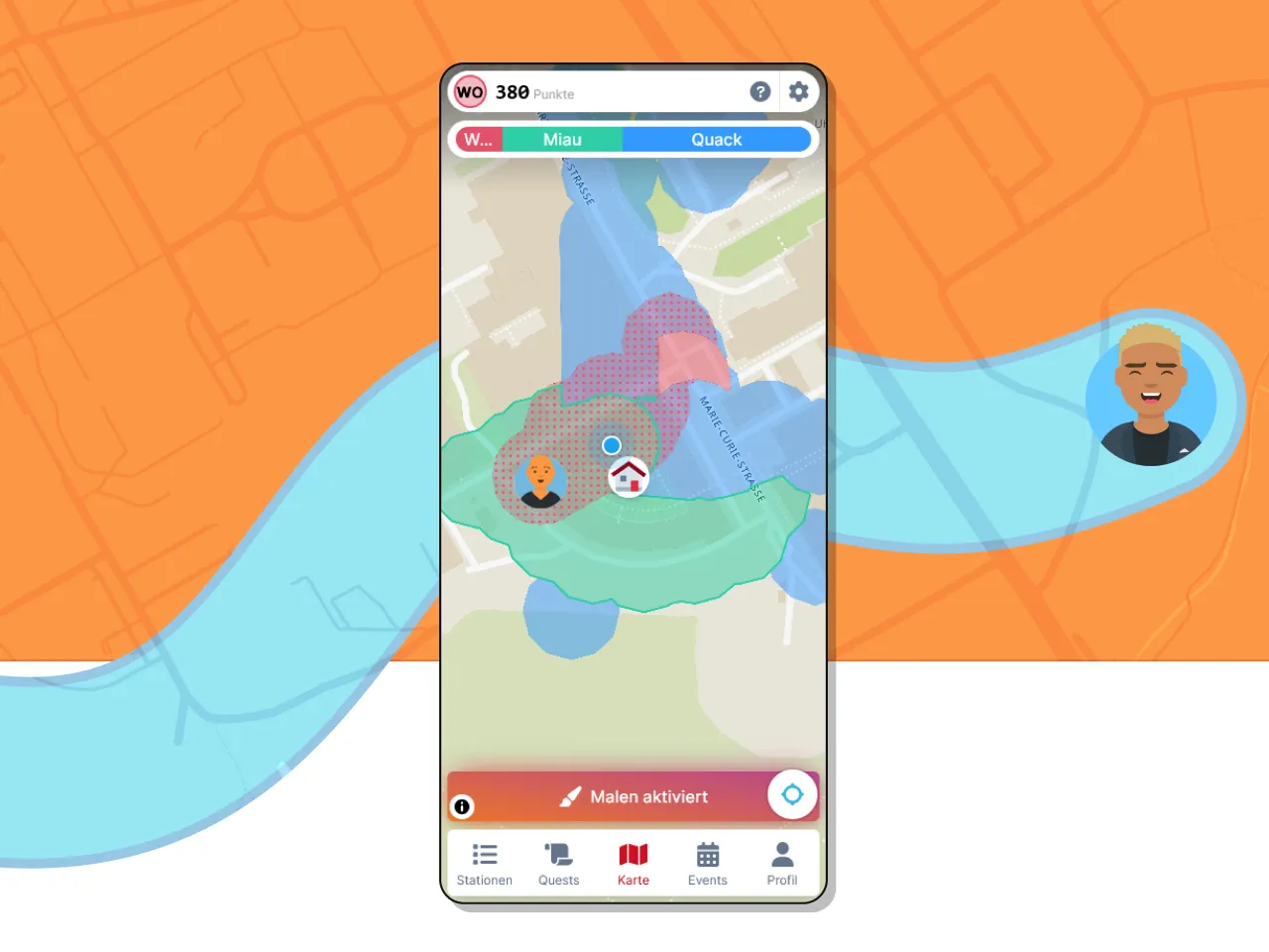 Mockup of the BuntesLuebeck game on a smartphone: a city map with overlapping team-colored paint areas, score and team bar at the top, and a 'painting active' status indicating live territory control gameplay.