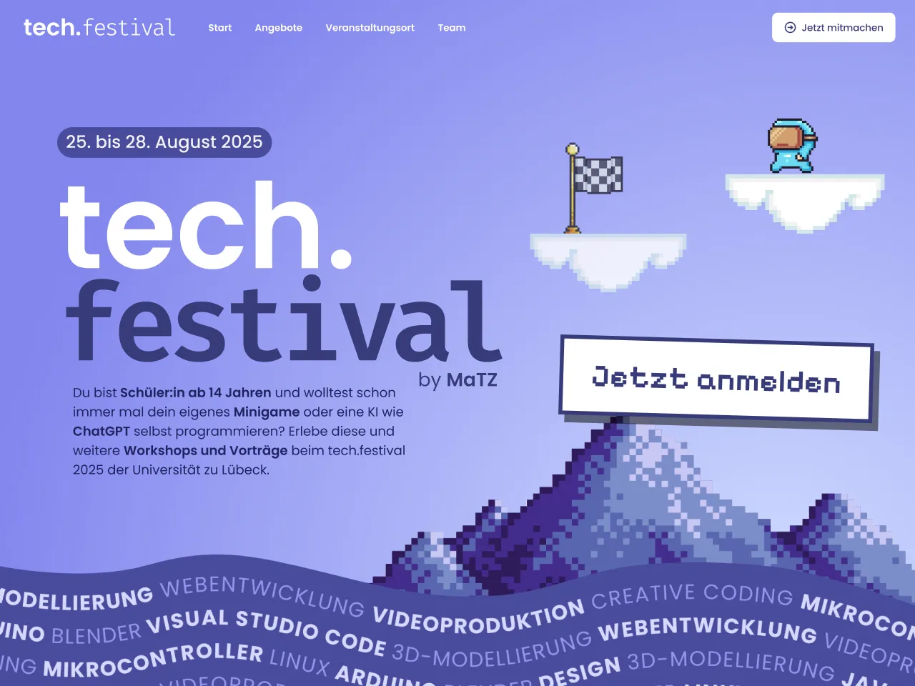 Hero section of the tech.festival landing page with a pixel-art visual style, prominent event title and date, a call-to-action registration button, and keyword ribbons about workshop topics like web development, design, and coding.